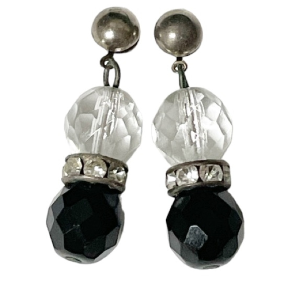 Vintage silver sparkle stone black clear faceted bead 1” drop earrings